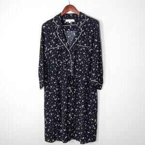LOFT Women’s Dress Black Print Piped Trim Drawstring Waist Chest Pockets Large